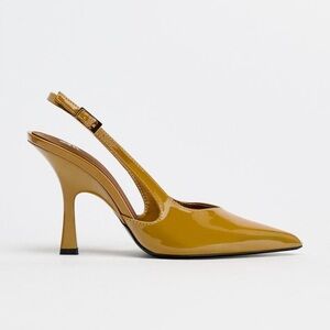 NWT. Zara Caramel Faux-Patent Slingback High Heel Court Shoes. Size 8.